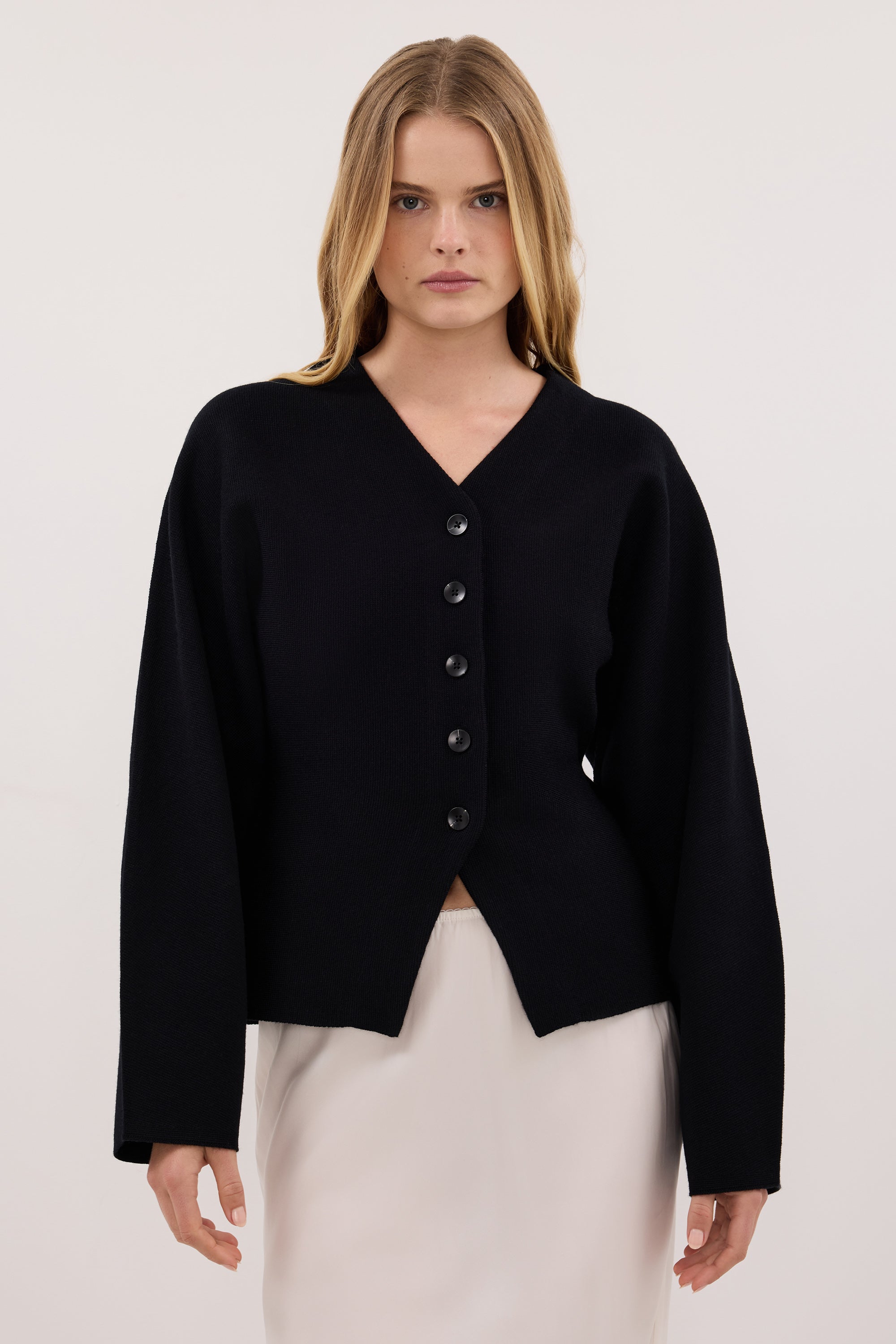 ETHEL BLACK V NECK CARDIGAN – DISSH