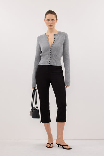 Stas wearing IRIS GREY MARLE CREW KNIT CARDIGAN