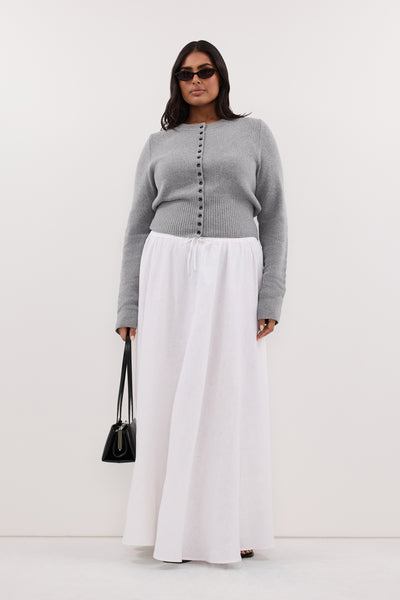 Shanaya wearing IRIS GREY MARLE CREW KNIT CARDIGAN