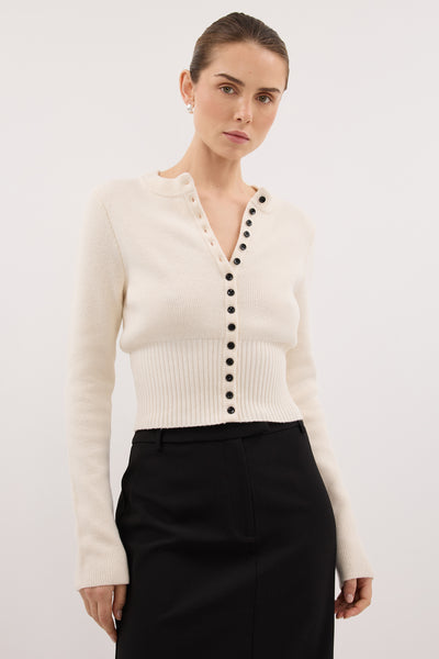 Stas wearing IRIS IVORY CREW KNIT CARDIGAN