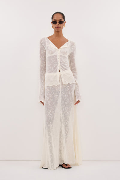 Kristen wearing DELIA OFF WHITE LACE BUTTON TOP