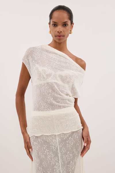 Kristen wearing DELIA OFF WHITE LACE OFF SHOULDER TOP