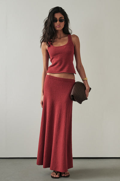 Anaya wearing HARRIET BURNT RED KNIT TANK