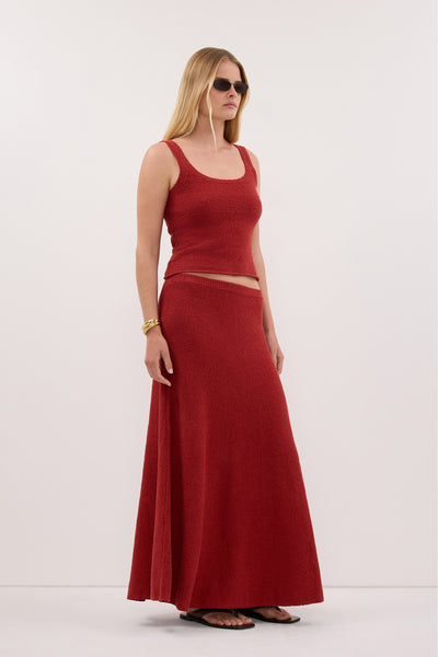 Zoe wearing HARRIET BURNT RED KNIT TANK