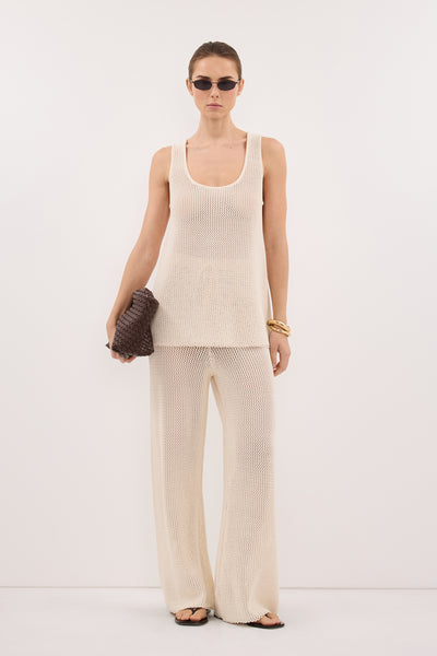 Stas wearing NALIA NATURAL OPEN KNIT SCOOP TANK