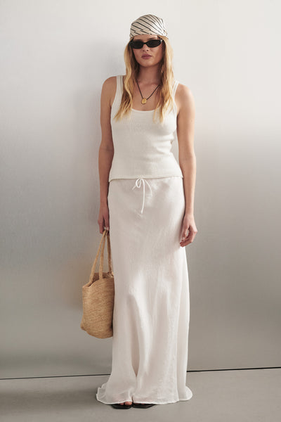 Zoe wearing BRIGETTE OFF WHITE KNIT TANK