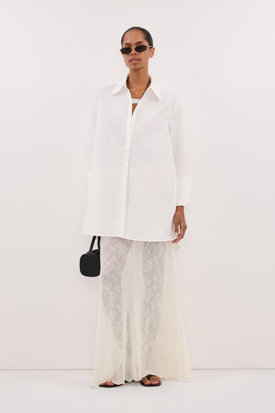 Kristen wearing DELIA OFF WHITE LACE MAXI SKIRT