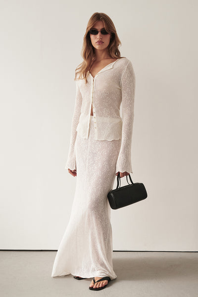 Yulia wearing DELIA OFF WHITE LACE MAXI SKIRT
