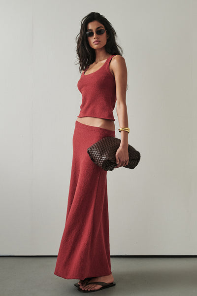 Anaya wearing HARRIET BURNT RED KNIT MAXI SKIRT