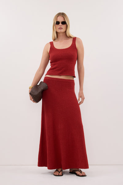 Zoe wearing HARRIET BURNT RED KNIT MAXI SKIRT