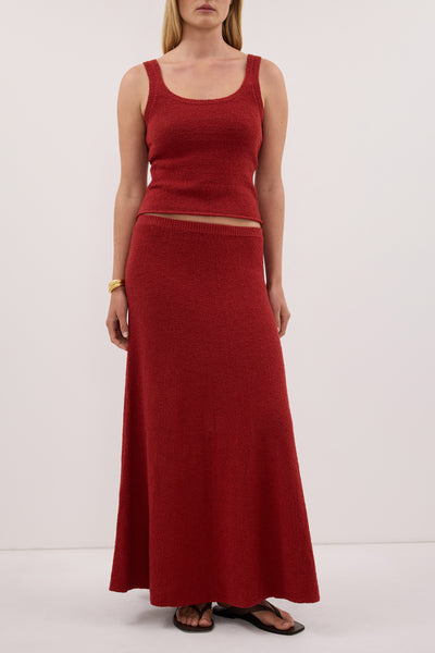 Zoe wearing HARRIET BURNT RED KNIT MAXI SKIRT