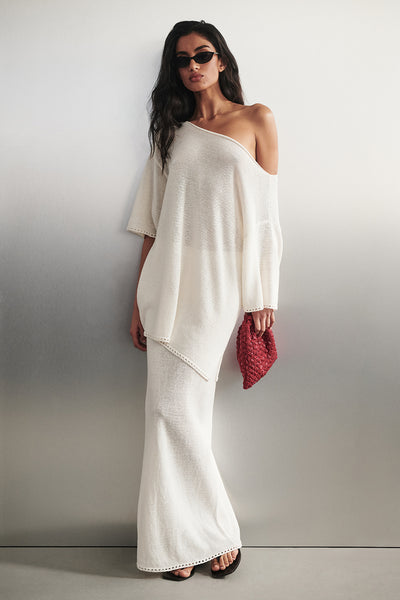 Anaya wearing TARI OFF WHITE KNIT MIDI SKIRT