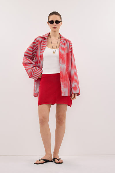 Stas wearing TARI RED KNIT MINI SKIRT