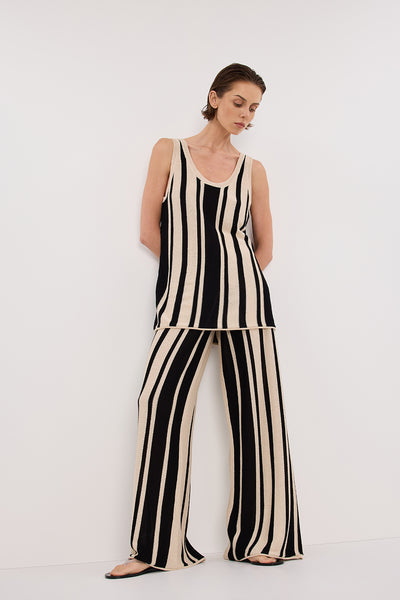 Stas wearing DELPHI STRIPE WIDE LEG KNIT PANT