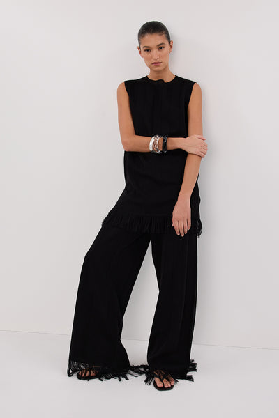 Aude wearing ARIA BLACK FRINGED KNIT PANT