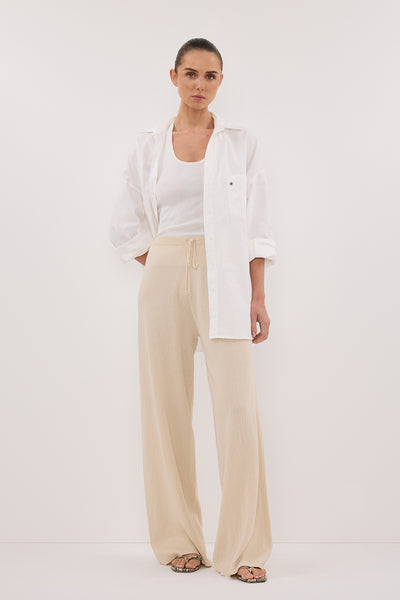 Stas wearing ALIAS NATURAL TEXTURED KNIT PANT
