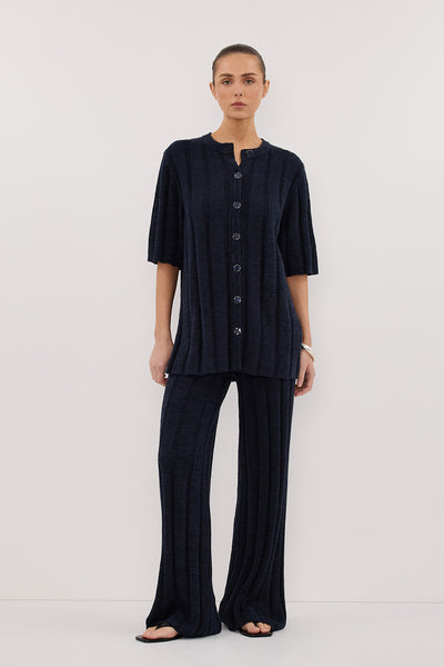 Stas wearing JAZZ INDIGO WIDE LEG KNIT PANT