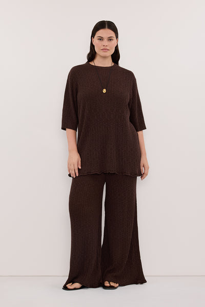 Jasmine wearing MAX CHOC WIDE LEG KNIT PANT