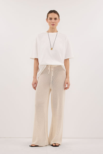 Stas wearing NALIA NATURAL OPEN KNIT WIDE PANT