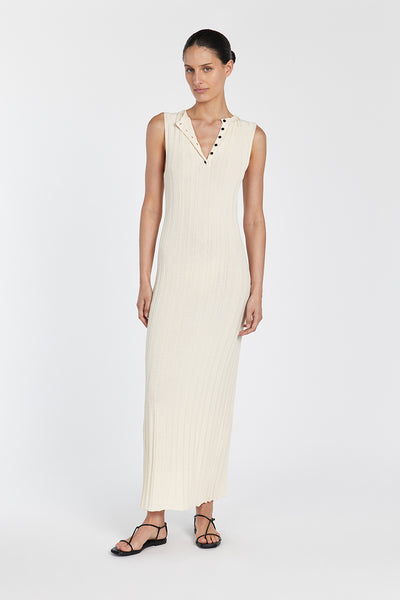 Adrienne wearing SYLVIA CREAM SLEEVELESS MAXI DRESS