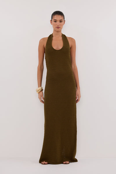 Aude wearing GINA OLIVE HALTER CROCHET DRESS