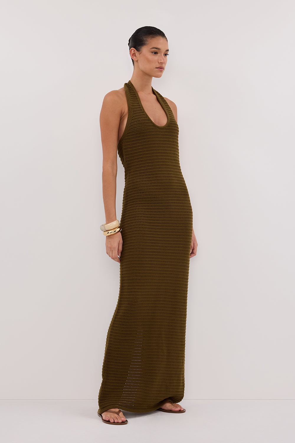 GINA OLIVE HALTER CROCHET DRESS