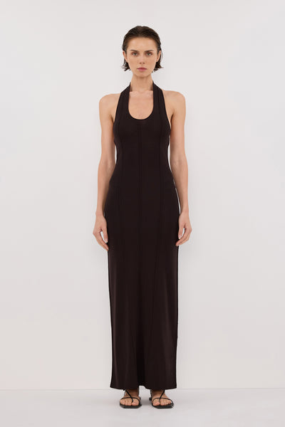 Stas wearing LISS BITTER CHOC HALTER MAXI DRESS