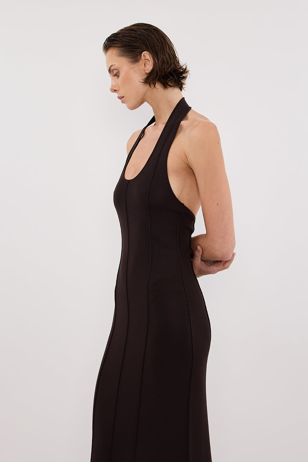 LISS BITTER CHOC HALTER MAXI DRESS