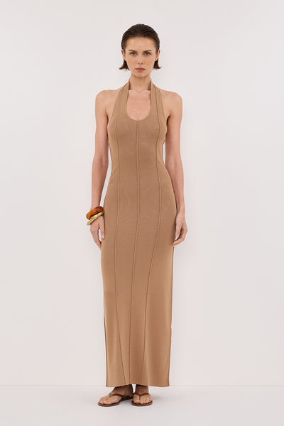 Stas wearing LISS TAN HALTER MAXI DRESS