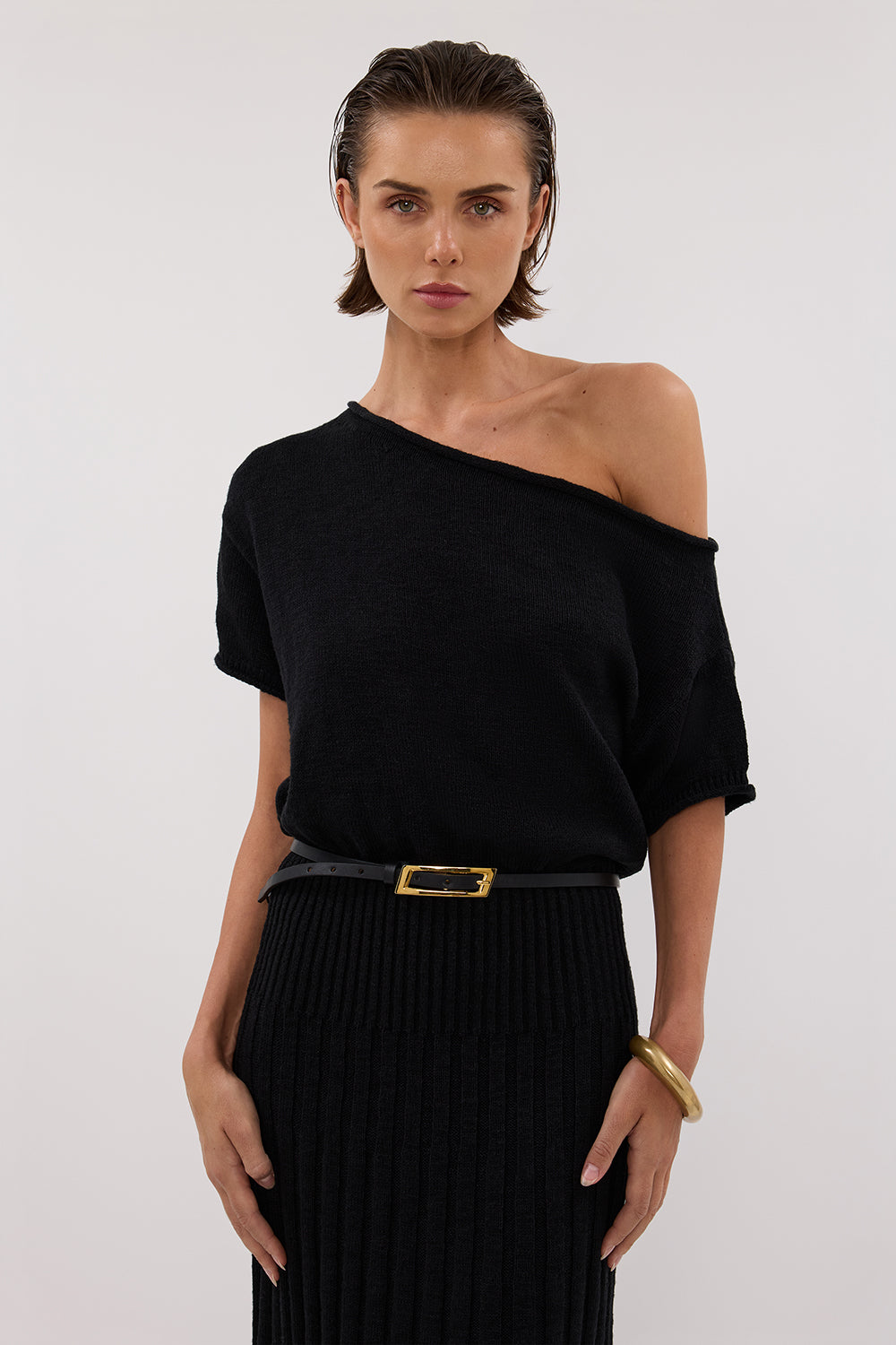 Rick Asym Knit Short Sleeve Midi Dress in Black By DISSH Rick Asym Knit Short Sleeve Midi Dress in Black By DISSH
