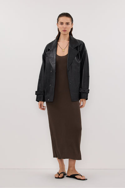 Stas wearing EVE DARK OLIVE SCOOP KNIT MIDI DRESS