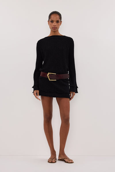 Kristen wearing MAX BLACK KNIT MINI DRESS