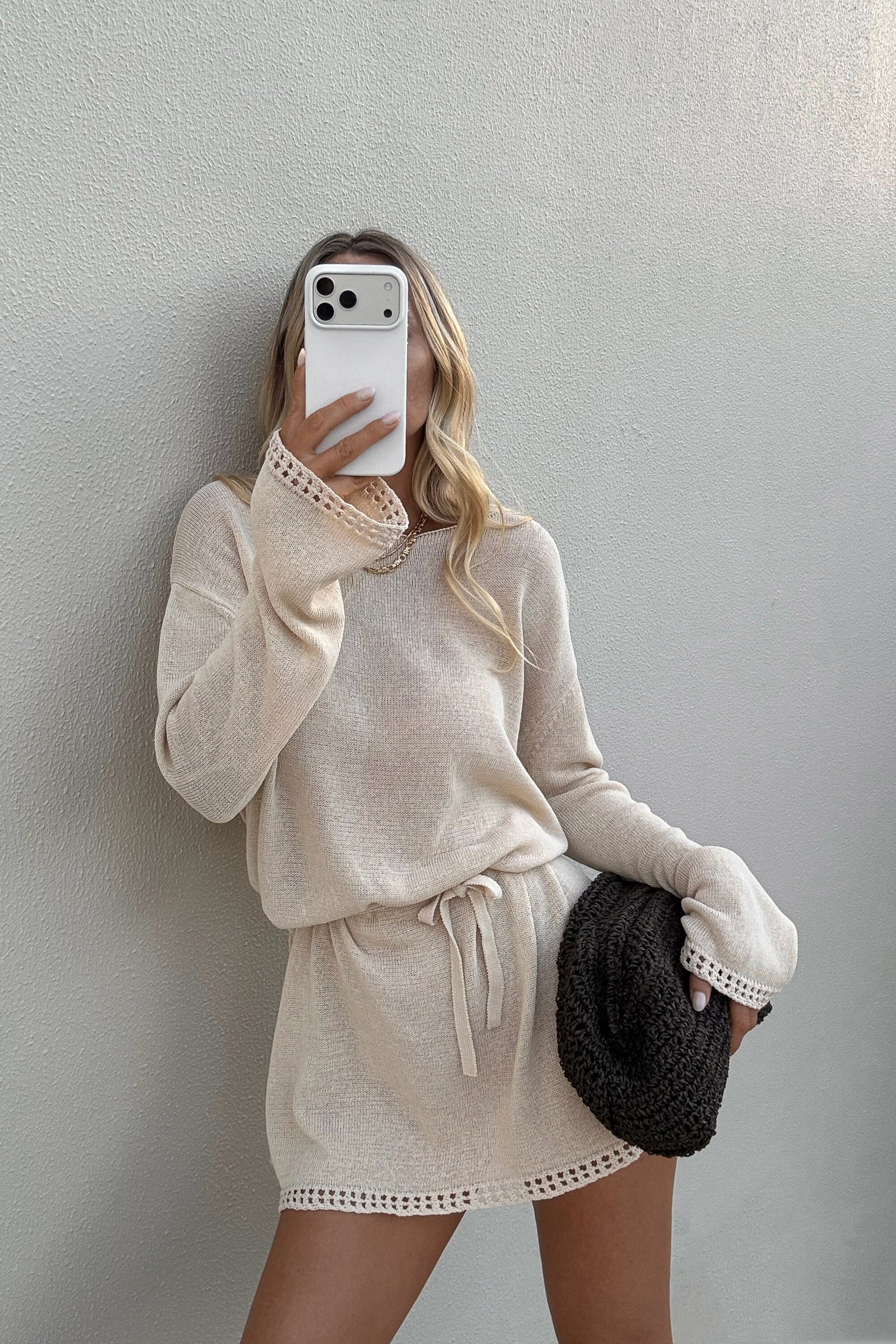 TARI NATURAL KNIT LONG SLEEVE MINI DRESS