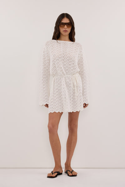 Helena wearing KEIRA WHITE LONG SLEEVE KNIT MINI DRESS - PRE ORDER