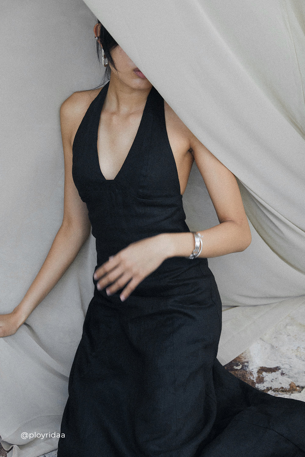 AUDREY BLACK HALTER LINEN MIDI DRESS