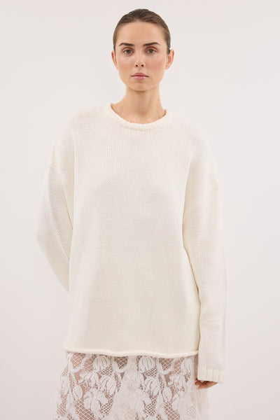Stas wearing BRYANNA IVORY LONGLINE KNIT JUMPER