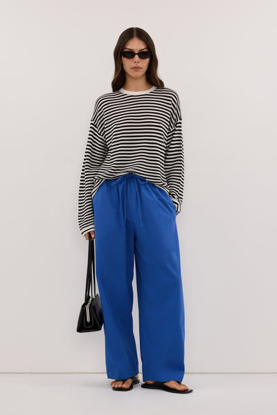 Helena wearing POSIE BLACK STRIPE MERINO KNIT TOP