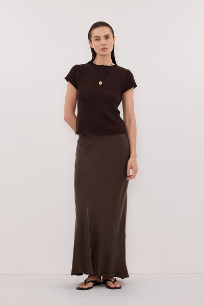 Stas wearing LEO CHOC KNIT TOP