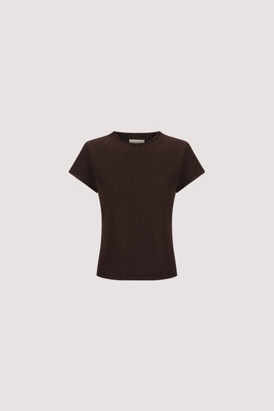 Jasmine wearing LEO CHOC KNIT TOP