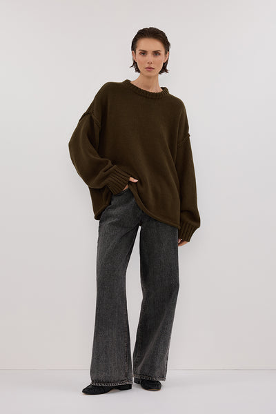 Stas wearing ROY OLIVE OVERSIZED LONGLINE KNIT JUMPER