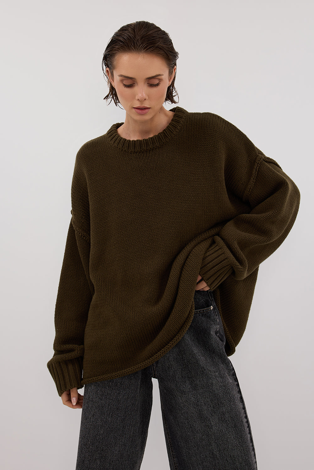 ROY OLIVE OVERSIZED LONGLINE KNIT JUMPER