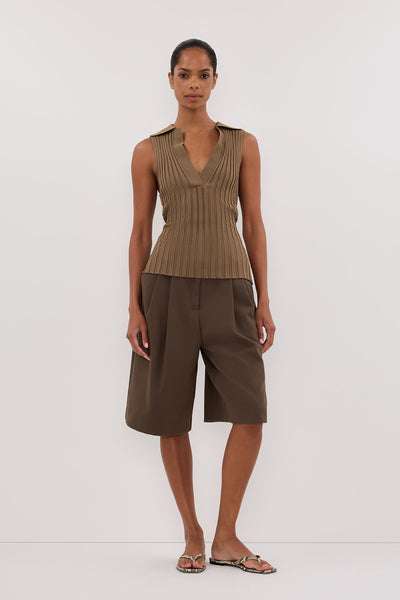 Kristen wearing HAL OLIVE SLEEVELESS KNIT TOP