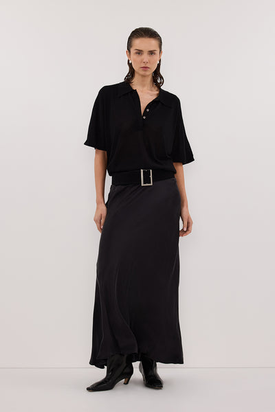 Stas wearing ELI BLACK POLO KNIT TOP