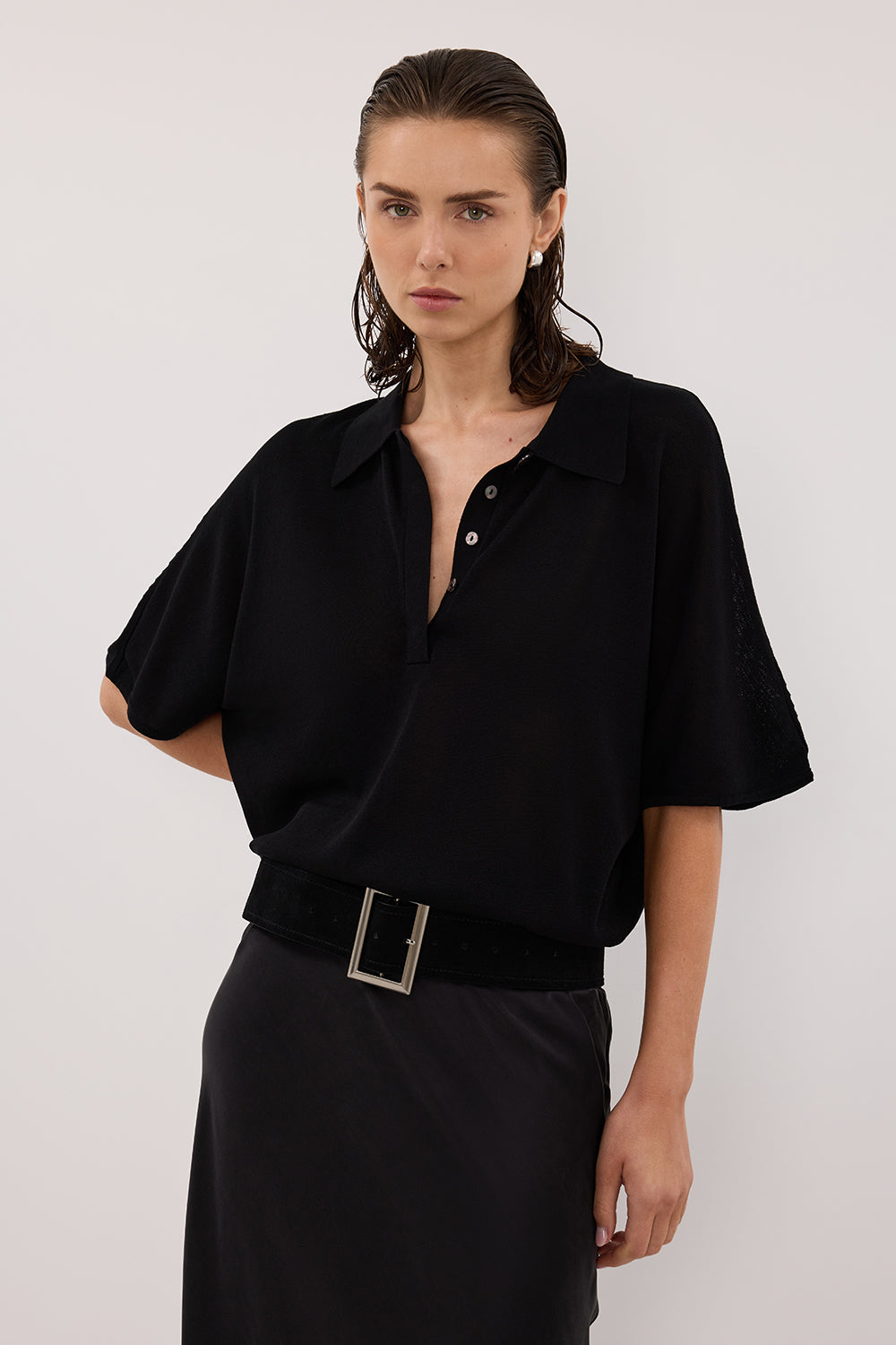 ELI BLACK POLO KNIT TOP