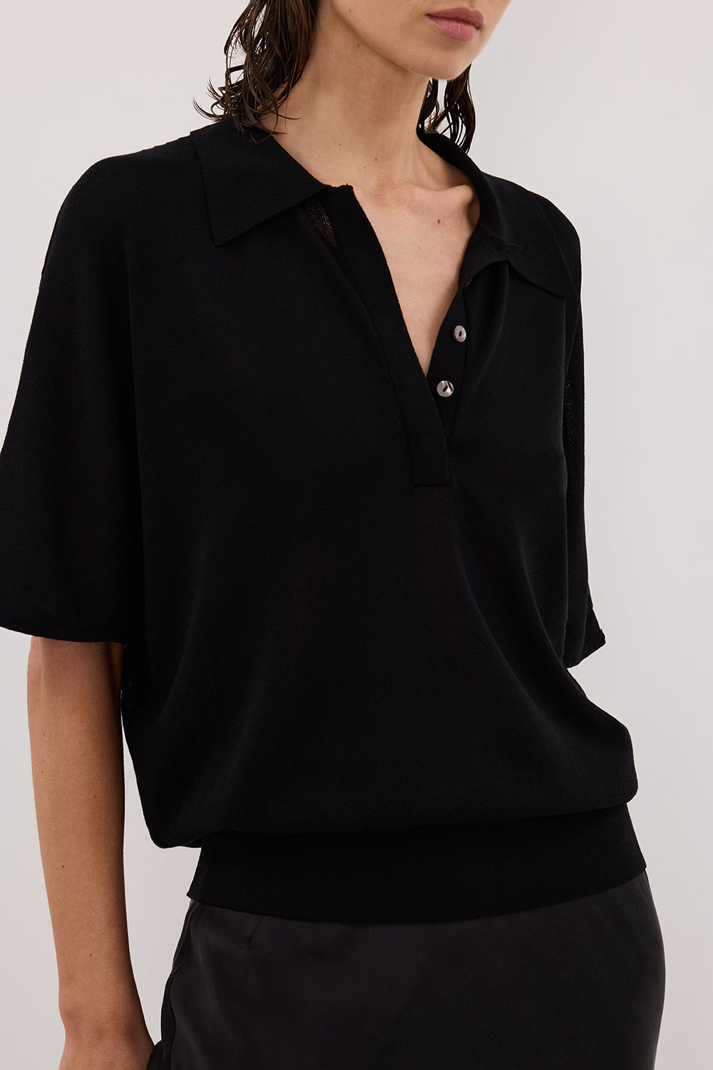 ELI BLACK POLO KNIT TOP