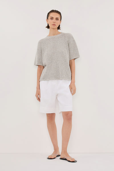 Stas wearing ERIN SILVER MARLE BOXY KNIT TEE