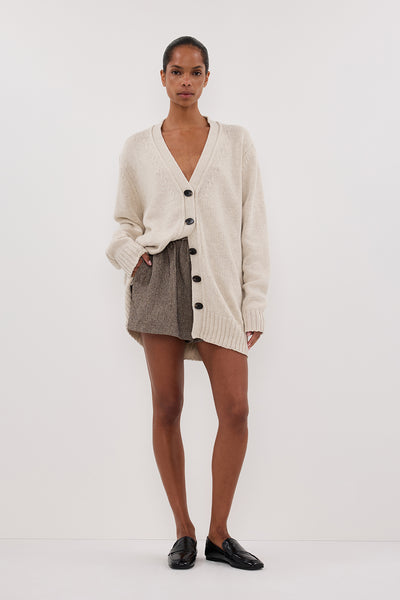 Kristen wearing ZOE CHALK LONGLINE CARDIGAN