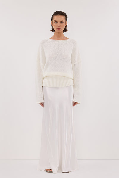 Stas wearing JULES WHITE LONG SLEEVE KNIT TOP