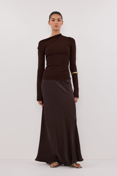 Aude wearing ARIEL CHOC LONG SLEEVE KNIT TOP