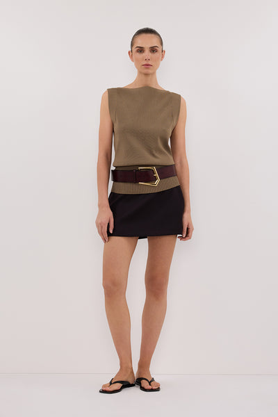 Stas wearing ELSA OLIVE SLEEVELESS KNIT TOP